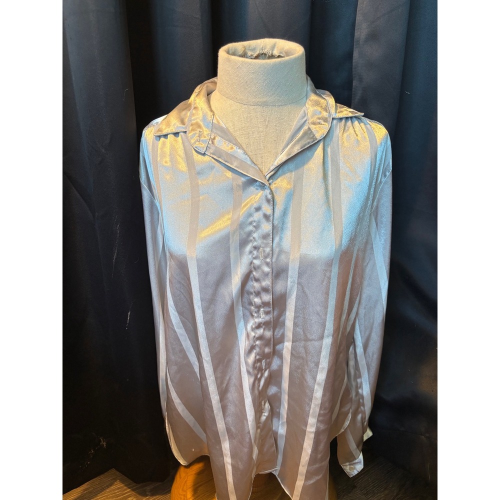 Vintage All Hours Silver Satin Striped‎ Button Down Blouse Long Sleeve Medium